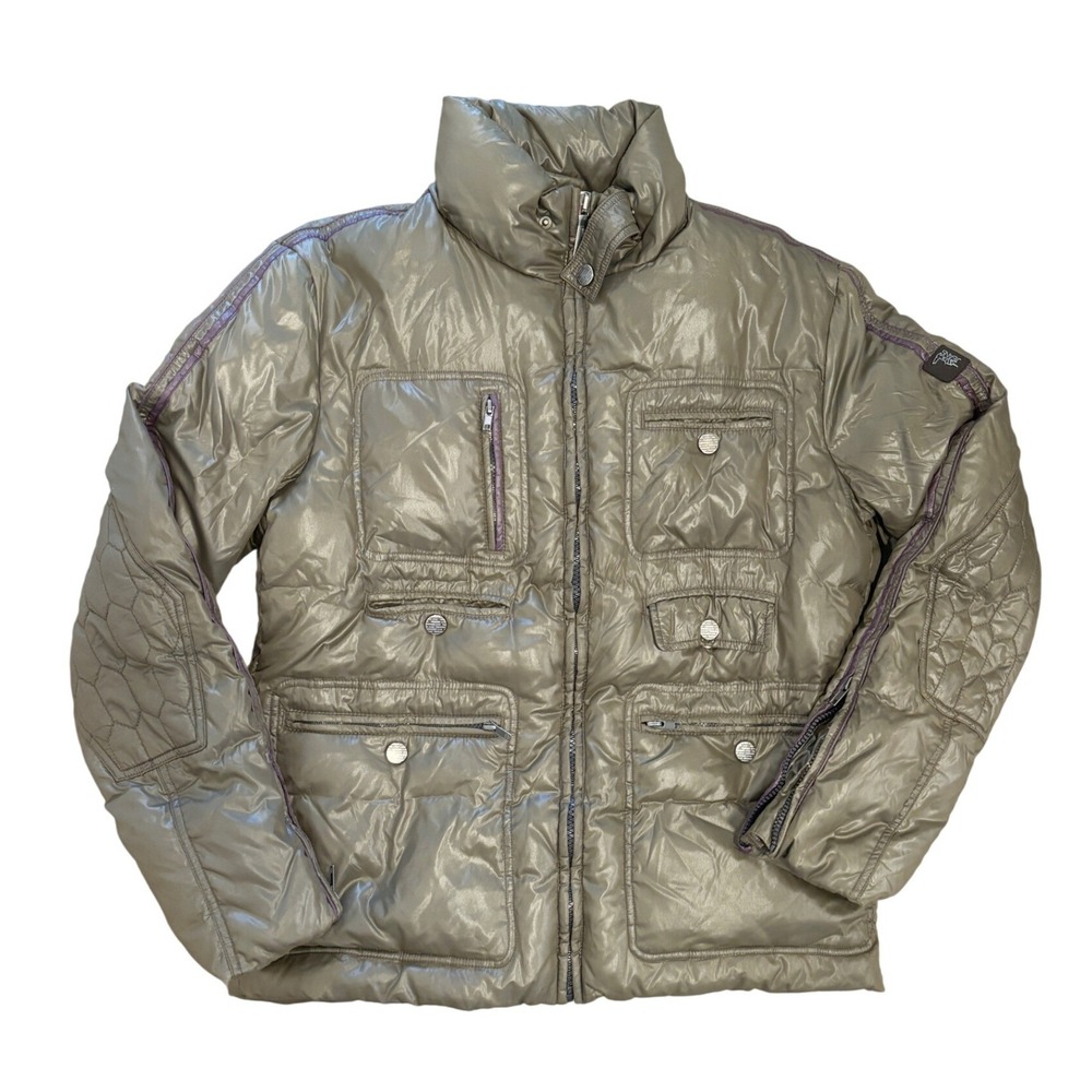 Trussardi Jeans Olive Green Shiny Puffer Jacket Utility Pockets Sz 50 (L/XL)